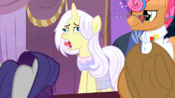 Size: 800x450 | Tagged: safe, screencap, applejack, lily lace, rarity, starstreak, pony, g4, honest apple, animated, female, gif, invisible stallion, out of context, rerorero, song of my people, tongue out