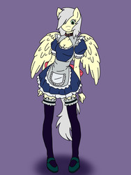 Size: 900x1200 | Tagged: safe, artist:linedraweer, oc, oc only, oc:silverlay (pegasus), anthro, unguligrade anthro, anthro oc, clothes, collar, commission, female, garter belt, garters, maid, outfit, simple background, socks, solo, thigh highs, wings