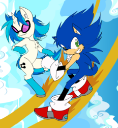 Size: 1024x1104 | Tagged: safe, artist:steelsoul, dj pon-3, vinyl scratch, pony, anthro, g4, boots, crossover, horse shoes, looking at you, male, rail grinding, sky, sonic the hedgehog, sonic the hedgehog (series), sunglasses