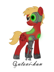 Size: 2000x2667 | Tagged: safe, artist:gutovi, oc, oc only, oc:quick shot, cyborg, pony, gun, high res, male, missing eye, missing limb, simple background, solo, stallion, transparent background, weapon