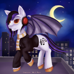Size: 2073x2067 | Tagged: source needed, safe, artist:evescintilla, oc, oc only, oc:aksel koit, bat pony, pony, bat pony oc, city, clothes, crescent moon, headphones, high res, hoodie, moon, music notes, night, roof, rooftop, scarf, solo, transparent moon, unshorn fetlocks