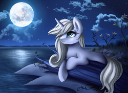 Size: 3509x2550 | Tagged: safe, artist:pridark, oc, oc only, oc:moonbow, pony, unicorn, female, flower, high res, lake, mare, moon, night, prone, solo