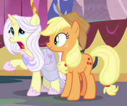 Size: 844x704 | Tagged: safe, screencap, applejack, lily lace, pony, g4, honest apple, cropped, literally, raised hoof