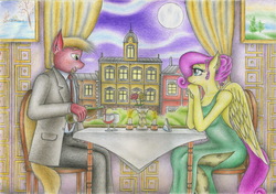 Size: 2326x1637 | Tagged: safe, artist:sinaherib, big macintosh, fluttershy, earth pony, anthro, g4, alcohol, breasts, chair, clothes, date, dinner, dress, female, flower, full moon, glass, looking at each other, male, moon, night, painting, ship:fluttermac, shipping, side slit, smiling, straight, suit, table, traditional art, wine