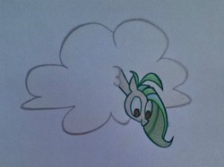 Size: 2048x1535 | Tagged: safe, oc, oc only, oc:screwpine caprice, pony, ceiling pony, cloud, looking at something, looking down, solo, traditional art