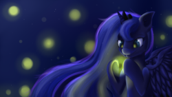 Size: 1920x1080 | Tagged: safe, artist:suziouwabami, princess luna, alicorn, firefly (insect), pony, g4, dark, female, glowing, night, smiling, solo, spread wings, wings