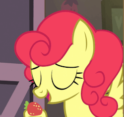 Size: 541x508 | Tagged: safe, screencap, strawberry sunrise, pegasus, pony, g4, honest apple, season 7, animated, cropped, eating, eyes closed, female, food, gif, herbivore, mare, shit eating grin, solo, spread wings, strawberry, swallowing, throat bulge, wings