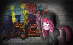 Size: 1200x750 | Tagged: safe, artist:linlaifeng, pinkie pie, earth pony, pony, g4, clothes, female, graffiti, hoodie, mare, pinkamena diane pie, raised hoof, signature, solo