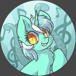 Size: 400x400 | Tagged: safe, artist:sapphfyr, part of a set, lyra heartstrings, pony, unicorn, g4, button design, clef, colored pupils, cutie mark, female, grin, mare, music notes, obtrusive watermark, smiling, solo, watermark