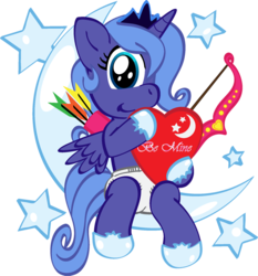 Size: 705x756 | Tagged: safe, artist:redfoxjake, princess luna, cyclops, pony, g4, arrow, bow (weapon), cupid, cute, diaper, female, filly, heart, lunabetes, moon, quiver, simple background, sitting, sitting on the moon, solo, tangible heavenly object, transparent background, woona, younger