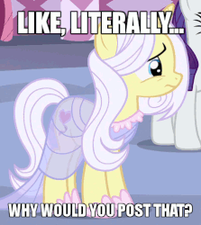 Size: 448x502 | Tagged: safe, edit, edited screencap, screencap, lily lace, rarity, pony, unicorn, g4, honest apple, animated, cropped, crying, cute, eye shimmer, female, gif, image macro, literally, mare, meme, sad, sadorable, why would you post that