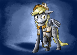 Size: 1200x848 | Tagged: safe, artist:wag-tail, derpy hooves, pegasus, pony, g4, abstract background, clothes, female, floppy ears, gloves, goggles, hat, mailmare, mare, raised hoof, solo, spread wings, uniform, wings