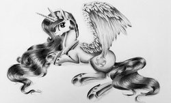 Size: 1024x618 | Tagged: safe, artist:retromirage, princess celestia, alicorn, pony, g4, female, grayscale, monochrome, prone, simple background, solo, spread wings, traditional art, underhoof, wings