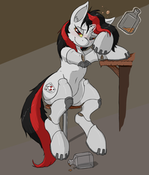 Size: 1147x1338 | Tagged: safe, artist:almar, oc, oc only, oc:blackjack, cyborg, pony, unicorn, fallout equestria, fallout equestria: project horizons, alcohol, amputee, bedroom eyes, bottle, cybernetic legs, drunk, female, looking at you, magic, mare, prosthetics, sitting, solo, stool, whiskey