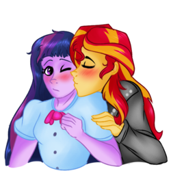 Size: 600x600 | Tagged: safe, artist:anxiousshadowpetals, sunset shimmer, twilight sparkle, equestria girls, g4, blushing, cheek kiss, female, kissing, lesbian, one eye closed, ship:sunsetsparkle, shipping, simple background, transparent background