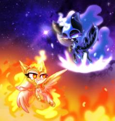 Size: 932x978 | Tagged: safe, artist:snowflakewonder, daybreaker, nightmare moon, pony, a royal problem, g4, chibi, diabreaker, female, filly, fire, flying, gritted teeth, nightmare woon, royal sisters, space, stars, wingding eyes, yin-yang