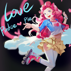 Size: 2953x2953 | Tagged: safe, artist:迷路子, pinkie pie, human, g4, belly button, candy, clothes, cute, diapinkes, female, food, happy, heart, high res, humanized, looking at you, midriff, rollerblades, skates, skirt, solo, zettai ryouiki