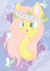 Size: 2480x3507 | Tagged: safe, artist:xxsilvixx, fluttershy, butterfly, pony, g4, blushing, chest fluff, cute, female, floral head wreath, flower, high res, shyabetes, solo, tongue out