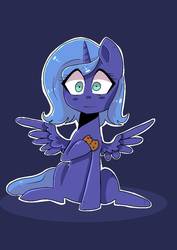 Size: 723x1023 | Tagged: safe, artist:lunawoonanight, princess luna, pony, g4, blushing, cookie, female, filly, food, looking at you, shrunken pupils, sitting, solo, spread wings, wide eyes, wings, woona, younger