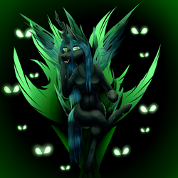 Size: 2000x2000 | Tagged: dead source, safe, artist:hicheeras, queen chrysalis, changeling, changeling queen, g4, crossed legs, female, glowing eyes, high res, open mouth, sitting, smiling, solo focus, throne, throne slouch