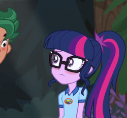 Size: 437x408 | Tagged: safe, screencap, sci-twi, timber spruce, twilight sparkle, equestria girls, g4, my little pony equestria girls: legend of everfree, animated, blushing, cropped, cute, eye contact, frown, gif, looking at each other, looking down, open mouth, ponytail, smiling, surprised, talking, twiabetes, wide eyes