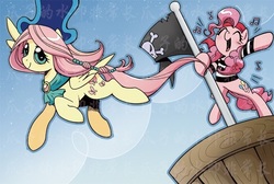 Size: 709x477 | Tagged: safe, artist:yukandasama, fluttershy, pinkie pie, pony, g4, eyes closed, hat, jolly roger, pirate, singing