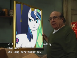 Size: 500x374 | Tagged: safe, edit, shining armor, pony, unicorn, g4, 1000 years in photoshop, danny devito, it's always sunny in philadelphia, its smug aura mocks me, meme, painting, smug