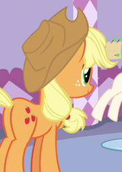 Size: 422x593 | Tagged: safe, screencap, applejack, earth pony, pony, g4, honest apple, butt, cropped, female, freckles, mare, plot, smiling, solo