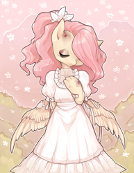 Size: 2150x2790 | Tagged: safe, artist:misukitty, fluttershy, anthro, g4, alternate hairstyle, bandaid, bruised, clothes, dress, eyes closed, female, high res, injured, ponytail, solo