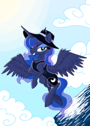 Size: 3445x4823 | Tagged: safe, alternate version, artist:darkest-lunar-flower, princess luna, alicorn, pony, g4, absurd resolution, clothes, cloud, female, flying, grin, hat, looking at you, one-piece swimsuit, sky, smiling, solo, sun, swimsuit