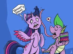 Size: 3875x2842 | Tagged: safe, artist:dinodraketakethecake, lucy packard, spike, twilight sparkle, alicorn, dragon, pony, g4, behaving like a dog, colored wings, colored wingtips, duo, grossed out, heart, high res, licking, long tongue, peanuts (comic), rearing, snoopy, tongue out, towel, twilight sparkle (alicorn), wide eyes