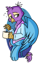 Size: 1248x2003 | Tagged: safe, artist:themodpony, oc, oc only, oc:gyro feather, oc:gyro tech, griffon, bathrobe, clothes, coffee, commission, griffonized, robe, simple background, sleepy, solo, species swap, transparent background