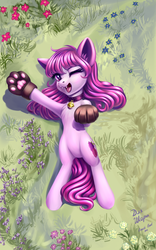 Size: 2400x3840 | Tagged: safe, artist:roadsleadme, oc, oc only, oc:share dast, pony, behaving like a cat, bell, bell collar, cat ears, cat paws, chest fluff, collar, cute, fangs, flower, grass, high res, looking at you, lying down, on back, one eye closed, open mouth, paw pads, solo, wink