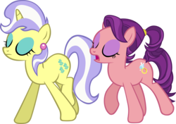 Size: 4423x3122 | Tagged: safe, artist:ironm17, spoiled rich, upper crust, earth pony, pony, unicorn, g4, duo, ear piercing, earring, eyes closed, female, high res, jewelry, mare, piercing, simple background, spoiled milk, transparent background, vector