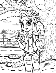 Size: 5100x6617 | Tagged: safe, artist:artponymdp, starlight glimmer, equestria girls, equestria girls specials, g4, mirror magic, absurd resolution, beanie, clothes, female, hat, monochrome, road, solo, stop sign, torn clothes, tree