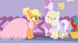 Size: 1365x765 | Tagged: safe, screencap, applejack, lily lace, pony, g4, honest apple, alternate hairstyle, applejack also dresses in style, clothes, discovery family logo, dress, female, mare, smiling, solo