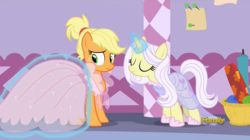 Size: 1366x766 | Tagged: safe, screencap, applejack, lily lace, pony, g4, honest apple, my little pony: friendship is magic, alternate hairstyle, clothes, discovery family logo, dress, female, mare, smiling, solo