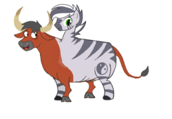 Size: 1751x1211 | Tagged: safe, artist:theunknowenone1, bull, cow, zebra, conjoined, cowbra, fusion, male, multiple heads, simple background, two heads, we have become one, white background, zebrow