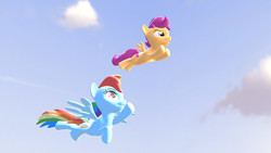 Size: 1280x720 | Tagged: safe, artist:starmaster, rainbow dash, scootaloo, pegasus, pony, g4, 3d, duo, flying, looking up, scootaloo can fly, scootalove
