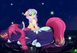 Size: 1024x700 | Tagged: safe, artist:php146, oc, oc only, oc:hikari, oc:mei, earth pony, firefly (insect), pony, female, filly, mare, prone, sleeping, water