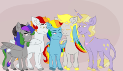 Size: 3800x2200 | Tagged: safe, artist:lxxjunebugxxl, derpy hooves, dinky hooves, rainbow dash, oc, oc:cirrus cloud, oc:cloudburst, pegasus, pony, unicorn, g4, eyes closed, female, high res, lesbian, magical lesbian spawn, male, mare, offspring, older, one eye closed, parent:derpy hooves, parent:rainbow dash, parents:derpydash, ship:derpydash, shipping, stallion, wink