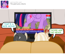 Size: 540x450 | Tagged: safe, artist:aha-mccoy, twilight sparkle, oc, oc:jay aaron mclovin, oc:ross mclovin, alicorn, pony, nopony-ask-mclovin, g4, ask, female, giant pony, giantess, macro, speech bubble, television, tumblr, twilight sparkle (alicorn)