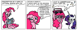 Size: 953x375 | Tagged: safe, artist:gingerfoxy, pinkie pie, rarity, earth pony, pony, unicorn, pony comic generator, g4, boombox, boombox serenade, breakdown, comic, crossword puzzle, crying, female, haddaway, mare, serenade, song reference, what is love