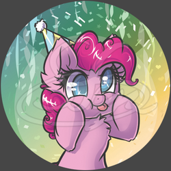 Size: 400x400 | Tagged: safe, artist:sapphfyr, pinkie pie, earth pony, pony, g4, button, button design, colored pupils, female, hat, party hat, smiling, solo, squishy cheeks, tongue out, watermark