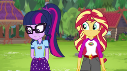 Size: 1280x720 | Tagged: safe, screencap, sci-twi, sunset shimmer, twilight sparkle, equestria girls, g4, my little pony equestria girls: legend of everfree, camp everfree outfits, clothes, gazebo, glasses, hands behind back, lip bite, shorts, worried