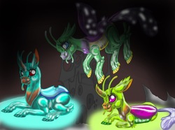 Size: 708x528 | Tagged: safe, artist:mlplover1987, cornicle, frenulum (g4), lokiax, changedling, changeling, g4, background changeling, dark background, digital art, trio
