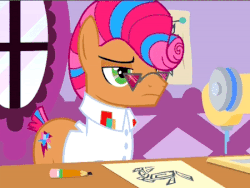 Size: 450x338 | Tagged: safe, screencap, starstreak, earth pony, pony, g4, honest apple, animated, clothes, cropped, gif, glasses, male, mouth hold, paper, pencil, shirt, solo, stallion