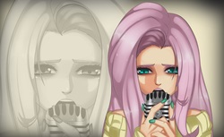 Size: 3600x2200 | Tagged: safe, artist:flutterbooty, fluttershy, human, g4, female, high res, humanized, looking at you, microphone, nail polish, singing, solo, zoom layer