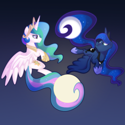 Size: 1000x1000 | Tagged: safe, artist:drawntildawn, princess celestia, princess luna, alicorn, pony, duo, female, flying, full moon, gradient background, looking at each other, looking back, mare, moon, prehensile tail, royal sisters, sisters, smiling, spread wings, sun, tail hold, tangible heavenly object, wings
