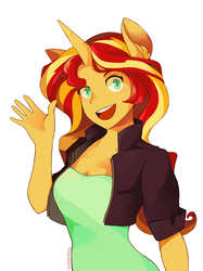 Size: 2480x3320 | Tagged: safe, artist:kalthedestroyer, sunset shimmer, equestria girls, g4, female, high res, ponied up, simple background, smiling, solo, waving, white background